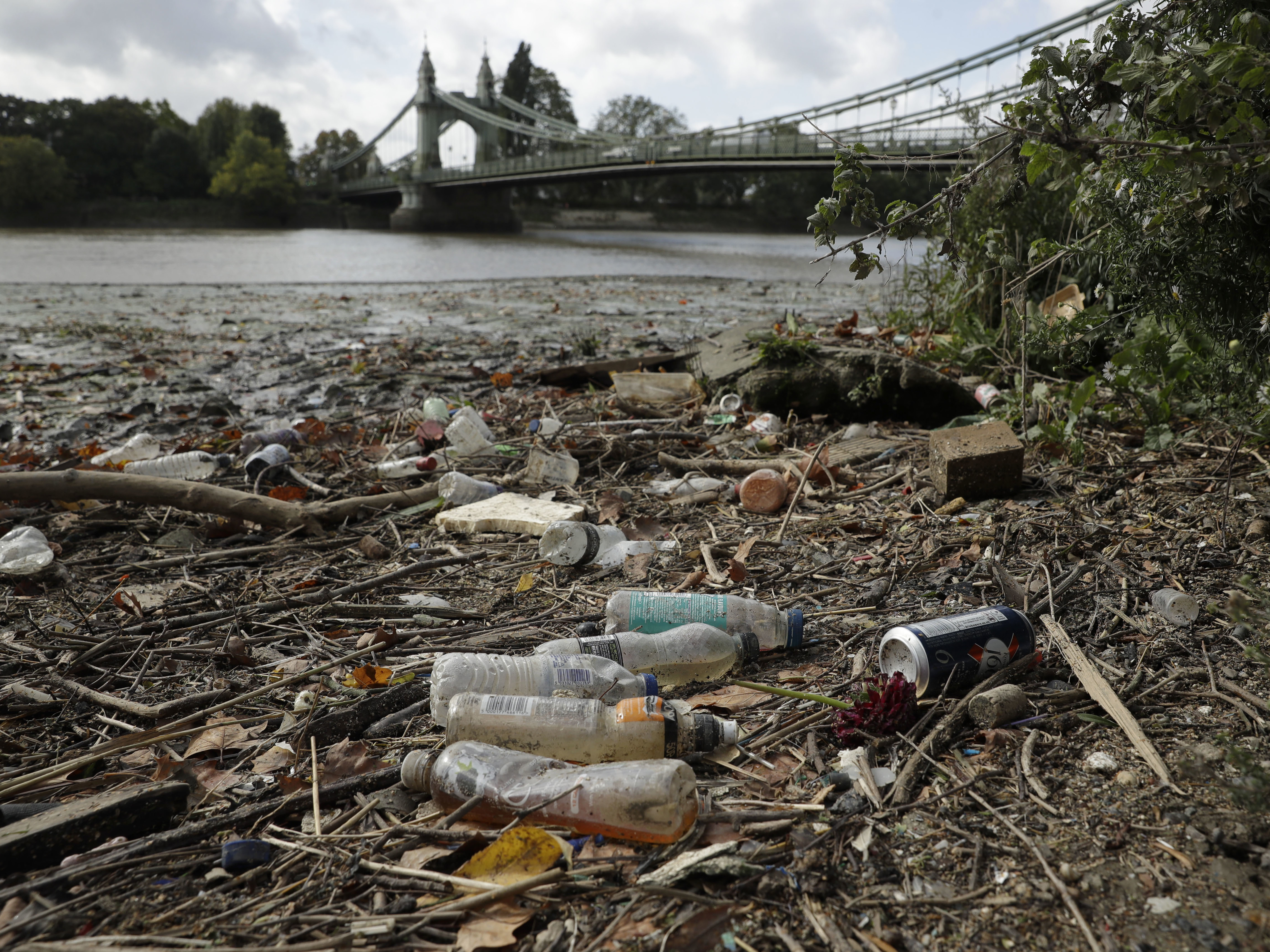 caption: Single-use plastic bottles lie washed up on the bank of the River Thames by the Queen Caroline Draw Dock in London.