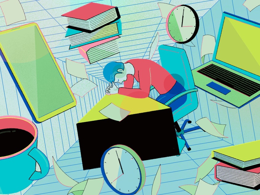 Illustration of an exhausted person bent over a desk with their head in their hands. The room is spinning and they're surrounded by clocks and stacks of books and cups of coffee.