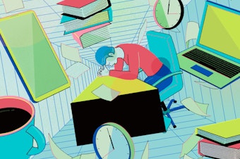 Illustration of an exhausted person bent over a desk with their head in their hands. The room is spinning and they're surrounded by clocks and stacks of books and cups of coffee.