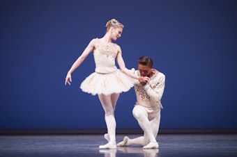 caption: Pacific Northwest Ballet principal dancers Carla Korbes and Batkhurel Bold in George Balanchine's "Diamonds."