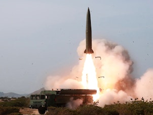 caption: North Korea's latest short-range missile, tested on May 4, looks similar to Russia's Iskander missile. North Korea describes it as a "tactical guided weapon."