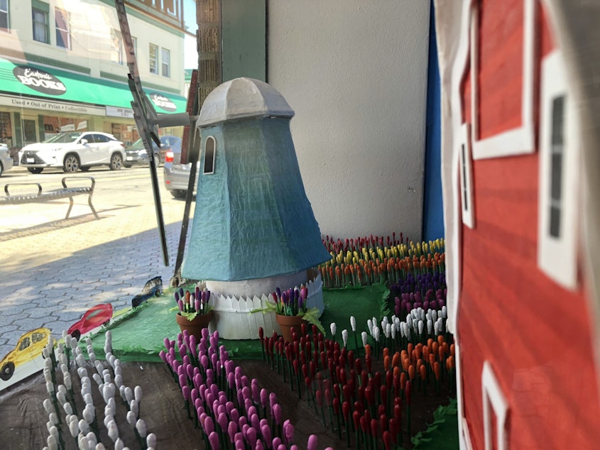 caption: A window display in the historic Mount Vernon Lincoln theater shows a tulip farm. The tulips are made from painted Q-tips