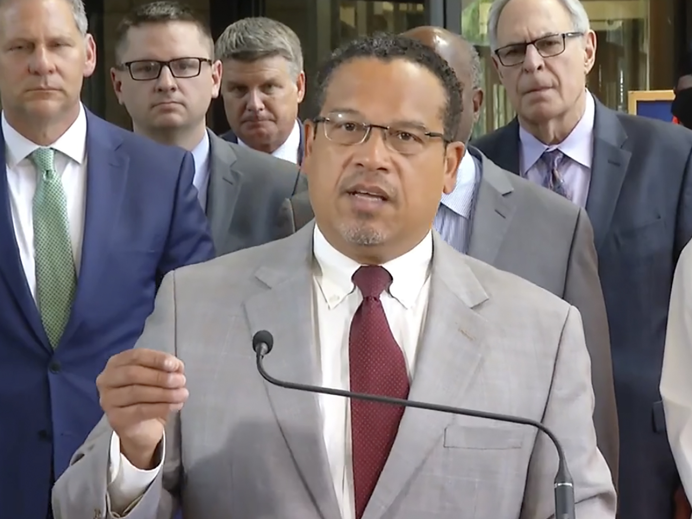 caption: Minnesota Attorney General Keith Ellison spoke with reporters outside the courthouse where former officer Derek Chauvin was sentenced.