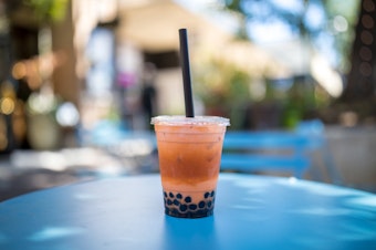 A boba tea order with milk and tapioca pearls