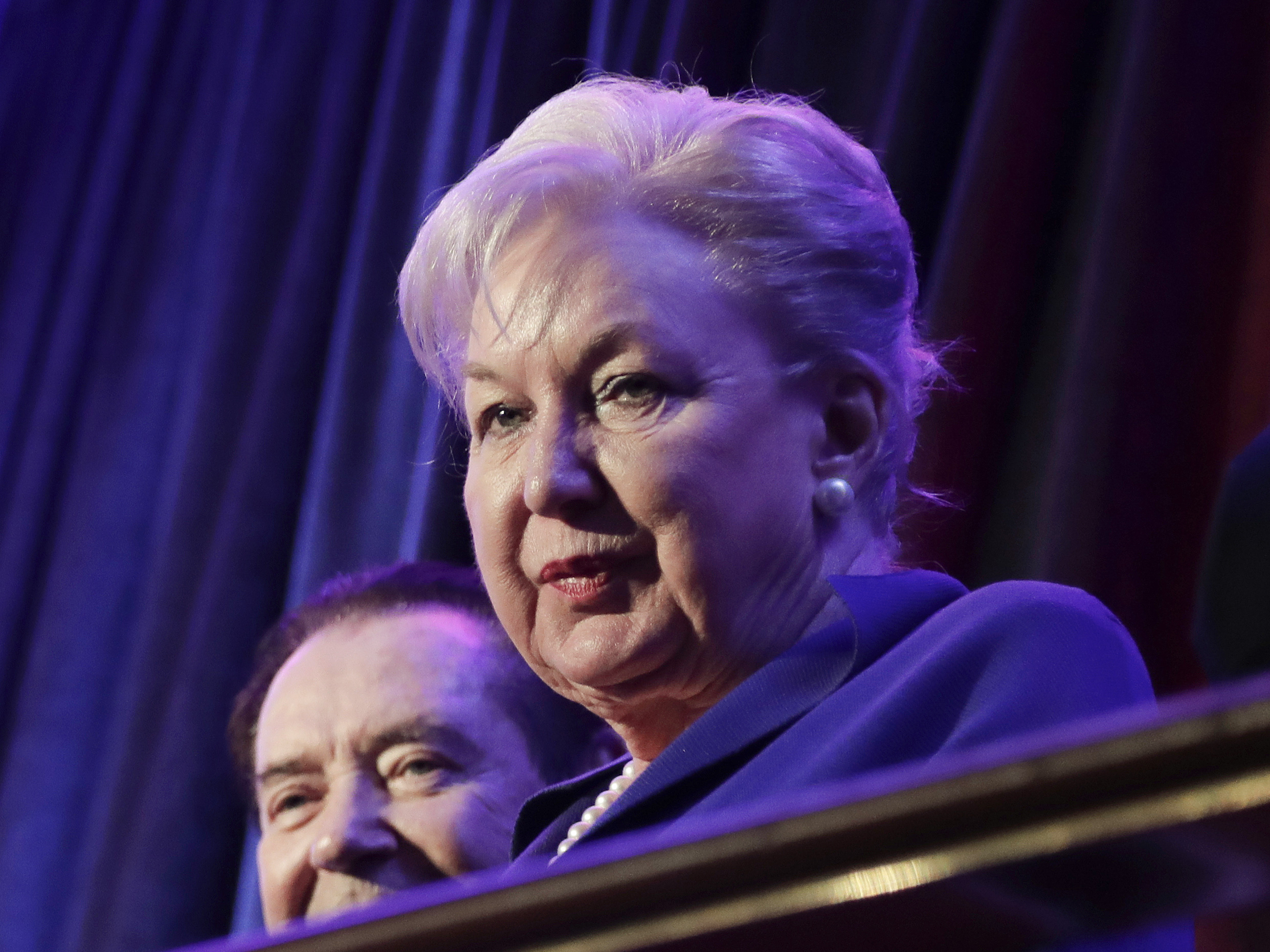 caption: Federal judge Maryanne Trump Barry, older sister of Donald Trump, sits in the balcony during Trump's election night rally in New York on Nov. 9, 2016.
