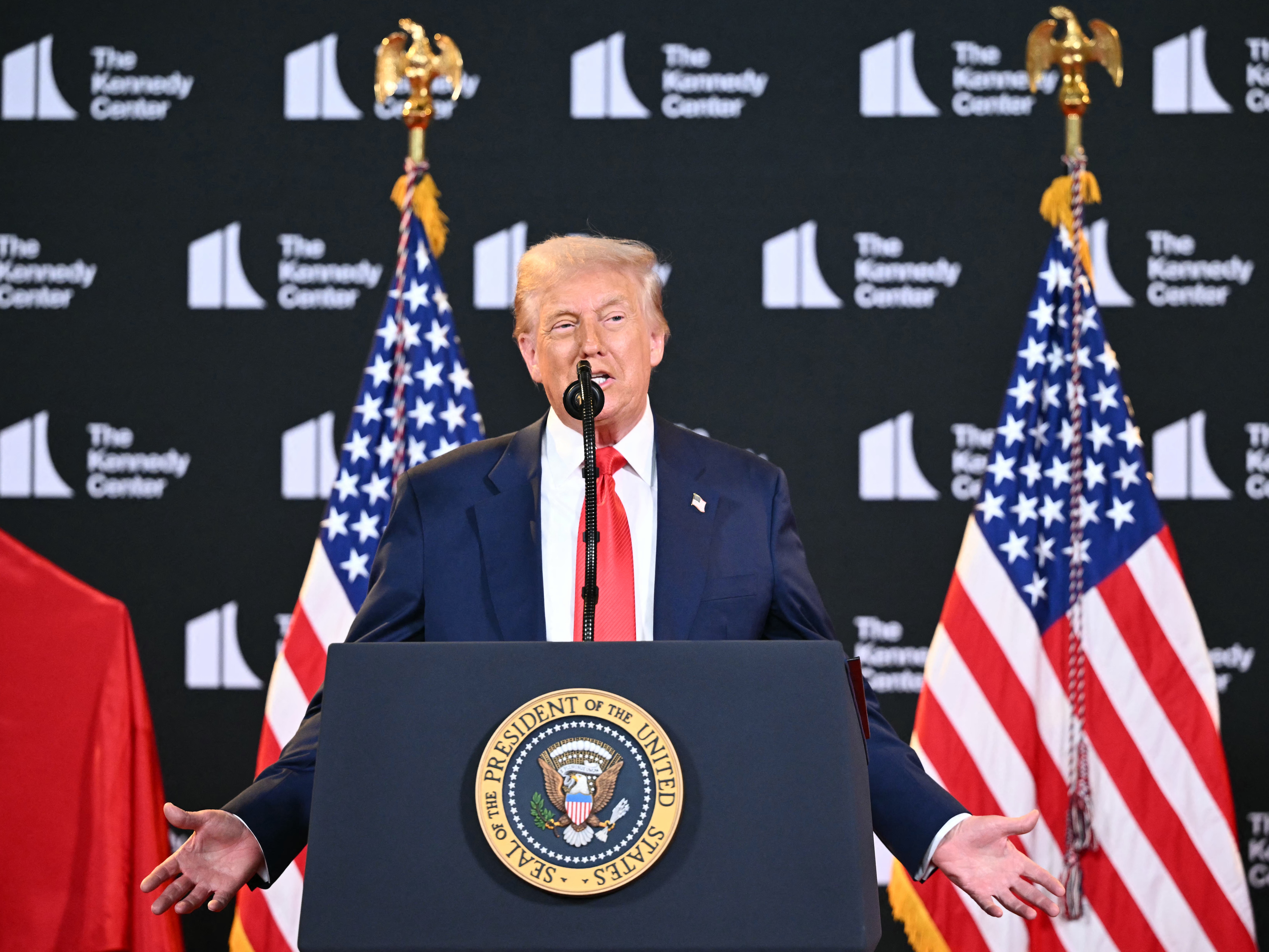 caption: President Trump speaks during the unveiling of the Kennedy Center Honors nominees on Aug. 13, 2025, at the Kennedy Center in Washington, D.C.