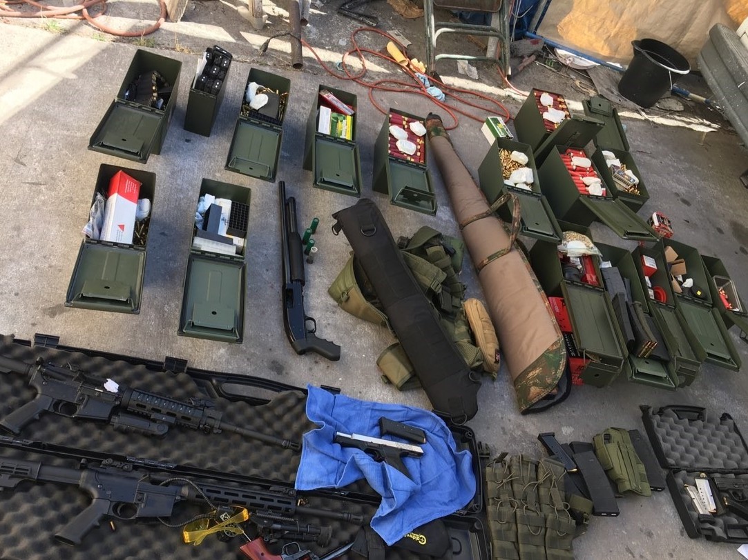 caption: Authorities in Southern California seized a stockpile of high-powered firearms, ammunition and tactical gear from the property of Rodolfo Montoya, who authorities say had been planning a mass shooting because of a dispute involving his work's human resources department.
