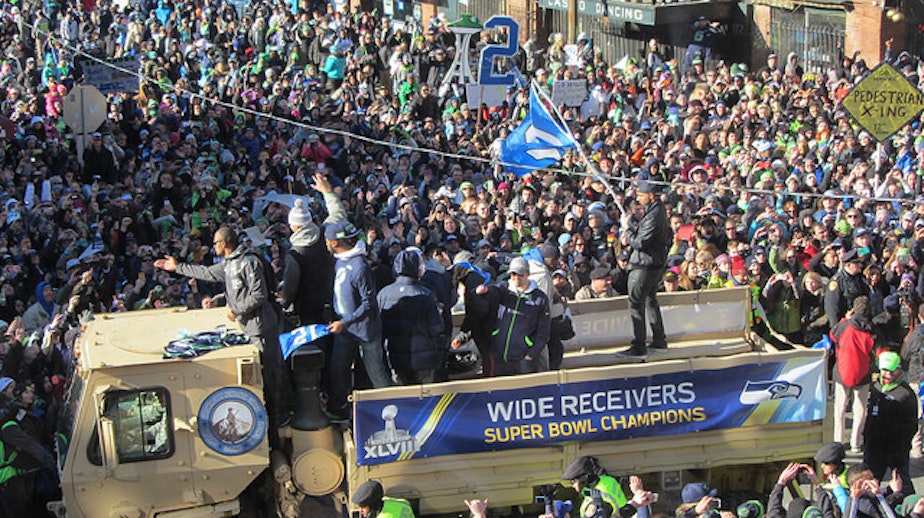caption: An estimated 700,000 Seahawks fans gathered for the Super Bowl parade on Wednesday.