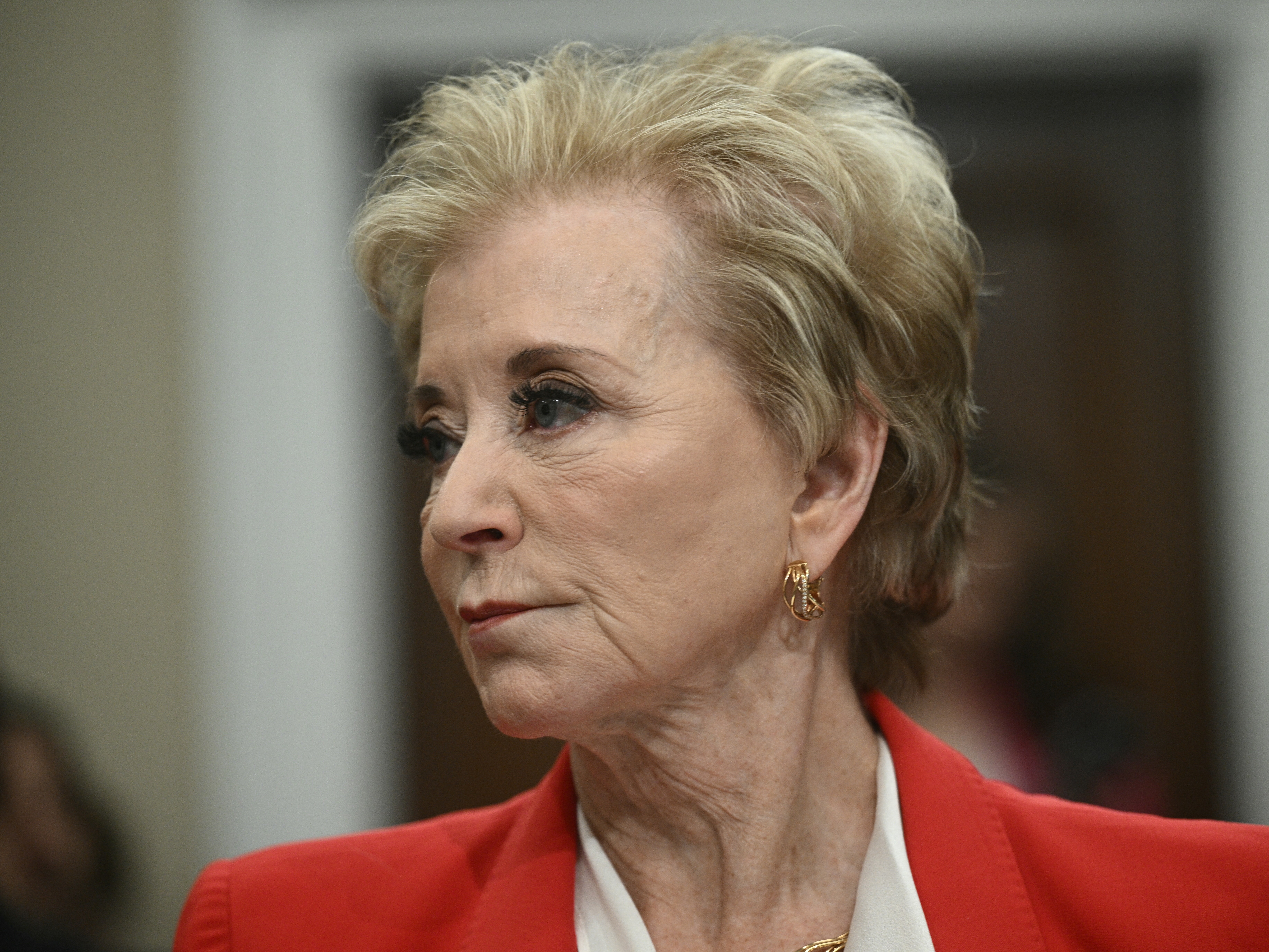 caption: Secretary of Education Linda McMahon testifies on Capitol Hill in Washington, D.C., on May 21. The Trump administration wants schools to sign a "compact" in exchange for priority access to federal grants.