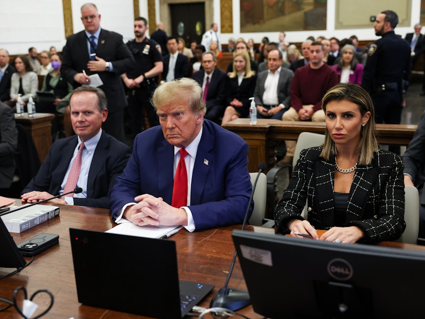caption: Former U.S. President Donald Trump and his lawyers Christopher Kise and Alina Habba attend the closing arguments in the Trump Organization civil fraud trial at New York State Supreme Court on January 11, 2024 in New York City.
