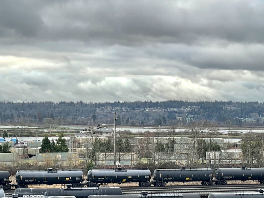 caption: Part of an oil train in Everett, Washington, on Dec. 31, 2020