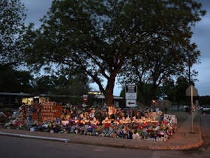 caption: A memorial dedicated to the victims of the mass shooting at Robb Elementary School in Uvalde, Texas.
