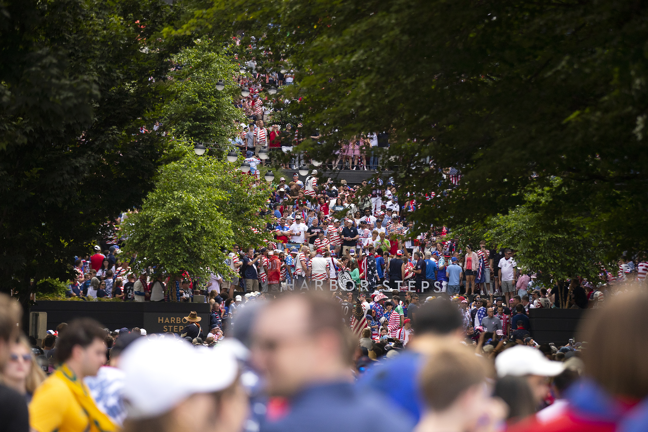 Thousands of soccer fans fill Harbor Steps before the FIFA World Cup match between the U.S. and Australia teams on Friday, June 19, 2026 in Seattle.