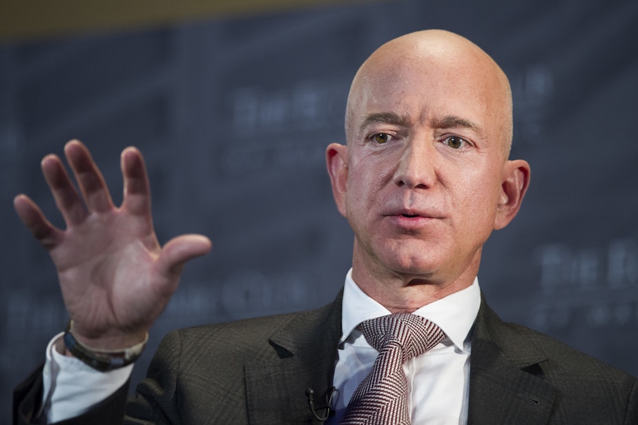caption: In this Sept. 13, 2018, file photo Jeff Bezos, Amazon founder and CEO, speaks at The Economic Club of Washington's Milestone Celebration in Washington.