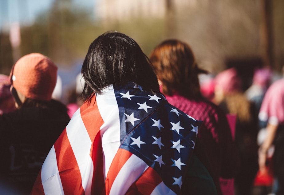 caption: Flag gathering