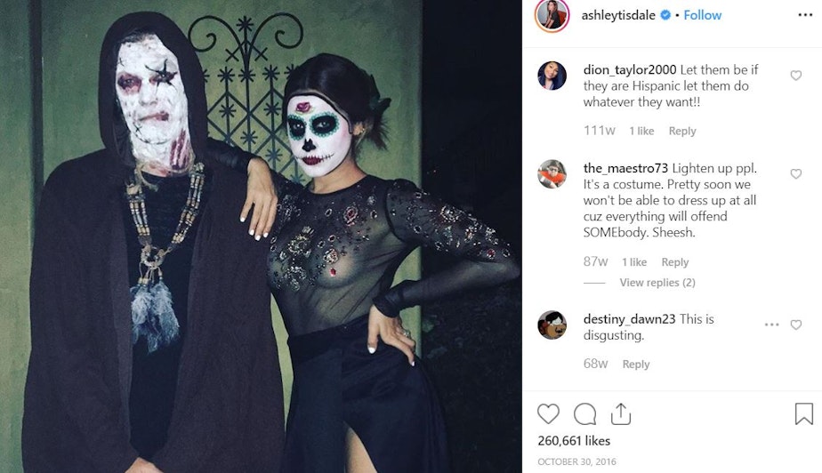 caption: In 2016, actress Ashley Tisdale sparked controversy on Instagram after she posted a photo of herself as a Day of the Dead figurine. Critics said she was appropriating Mexican culture; Day of the Dead is a Mexican holiday to celebrate loved ones who have died. 