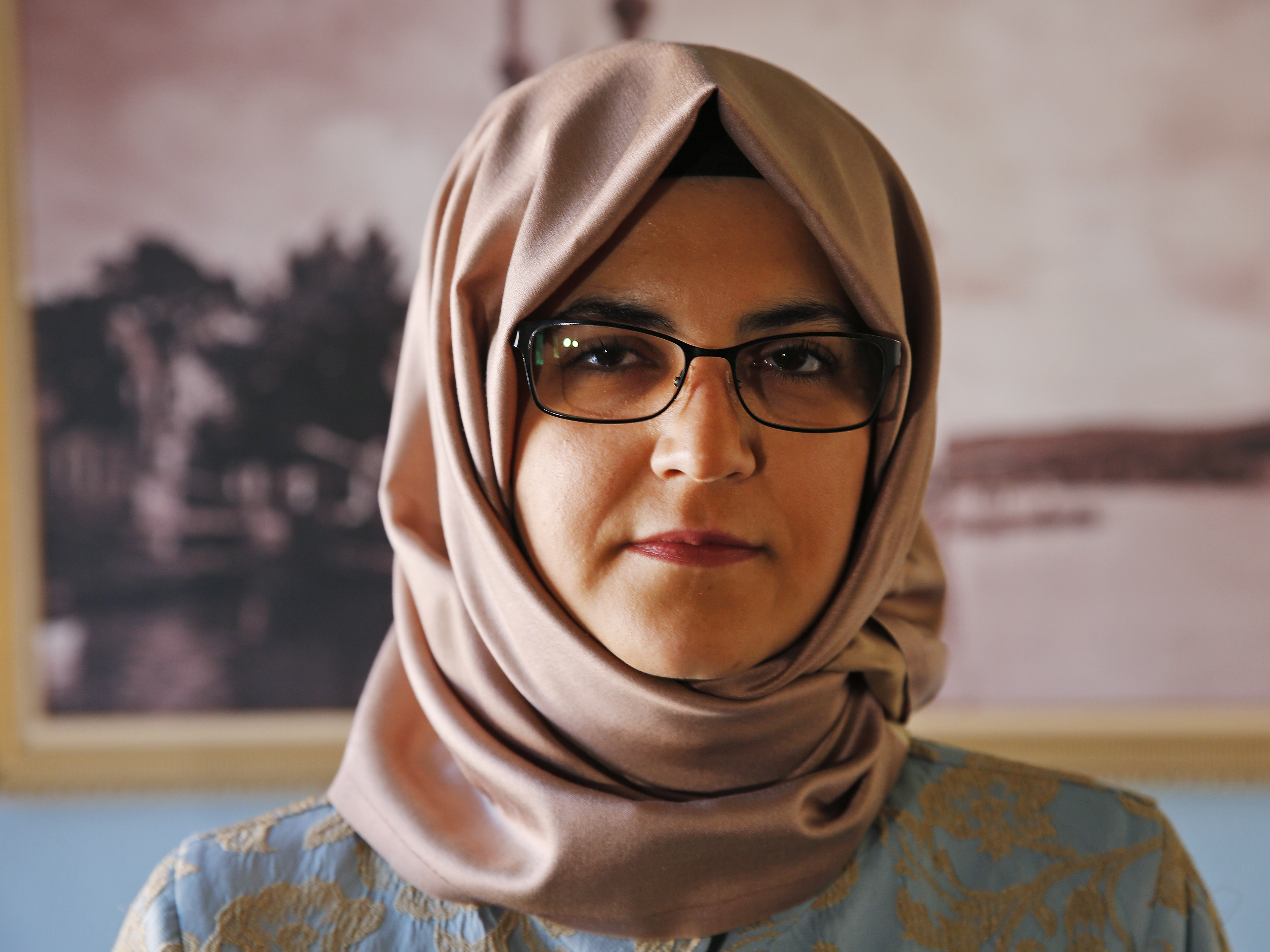 caption: Hatice Cengiz, the fiancée of slain Saudi journalist Jamal Khashoggi, poses for The Associated Press following an interview in Istanbul on Tuesday.