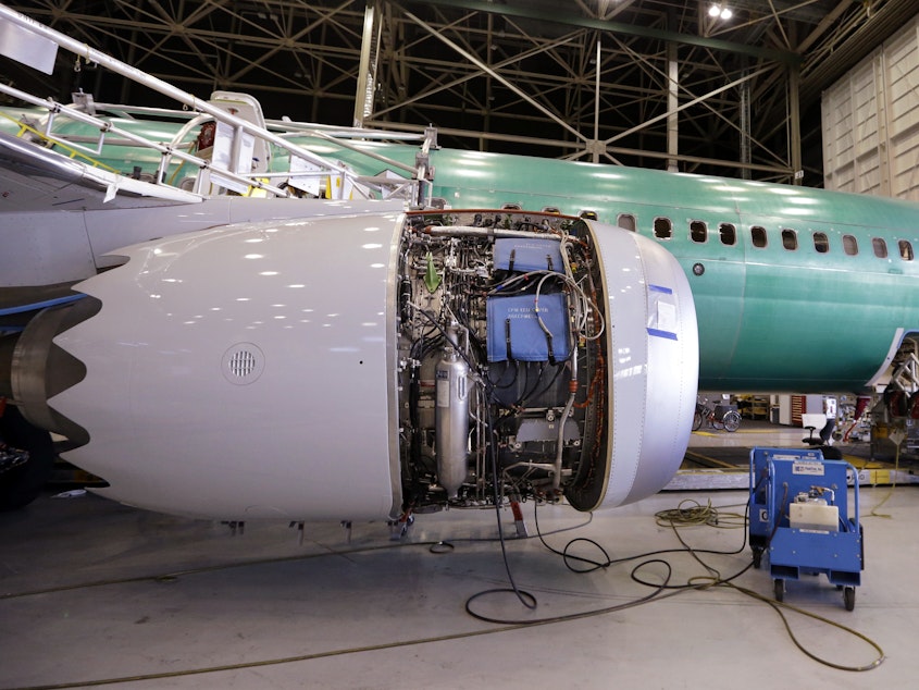caption: A Boeing 737 Max 9 sits at the front of the assembly line at the company's airplane production facility in Renton, Wash., in February 2017.