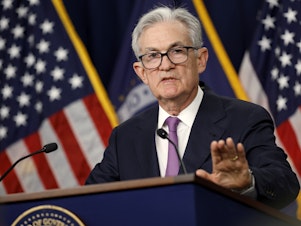 caption: Fed Chair Jerome Powell speaks during a news conference after the concludion of the Fed's policy meeting in Washington, D.C., on Sept. 20, 2023. The Fed held interest rates steady on Wednesday but indicated it could cut rates this year while also noting it would move cautiously.