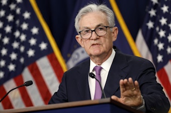 caption: Fed Chair Jerome Powell speaks during a news conference after the concludion of the Fed's policy meeting in Washington, D.C., on Sept. 20, 2023. The Fed held interest rates steady on Wednesday but indicated it could cut rates this year while also noting it would move cautiously.