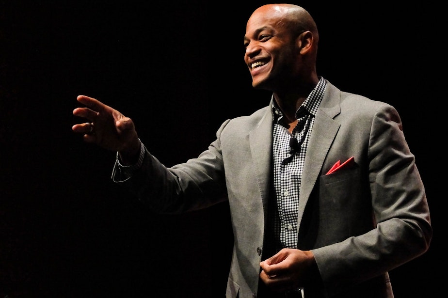 caption: Author Wes Moore takes questions at an event with the American Library Association in January 2014.