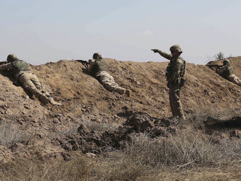 caption: A U.S. soldier (standing) helps Iraqi security forces improve shooting skills at Camp Taji, north of Baghdad, in 2015.
