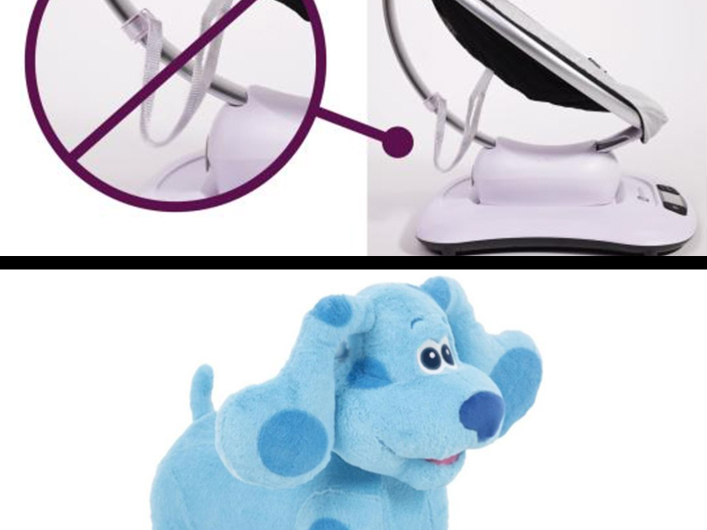 caption: Clockwise from top left: Goalsetter wall-mounted basketball goals recalled for injury hazard; 4moms MamaRoo Baby Swing, versions 1.0-4.0, recalled for strangulation hazard; Blue's Clues Foot to Floor Ride-on Toys recalled for injury and fall hazards; Pillowfort Weighted Blankets recalled for asphyxiation hazard and risk of death.