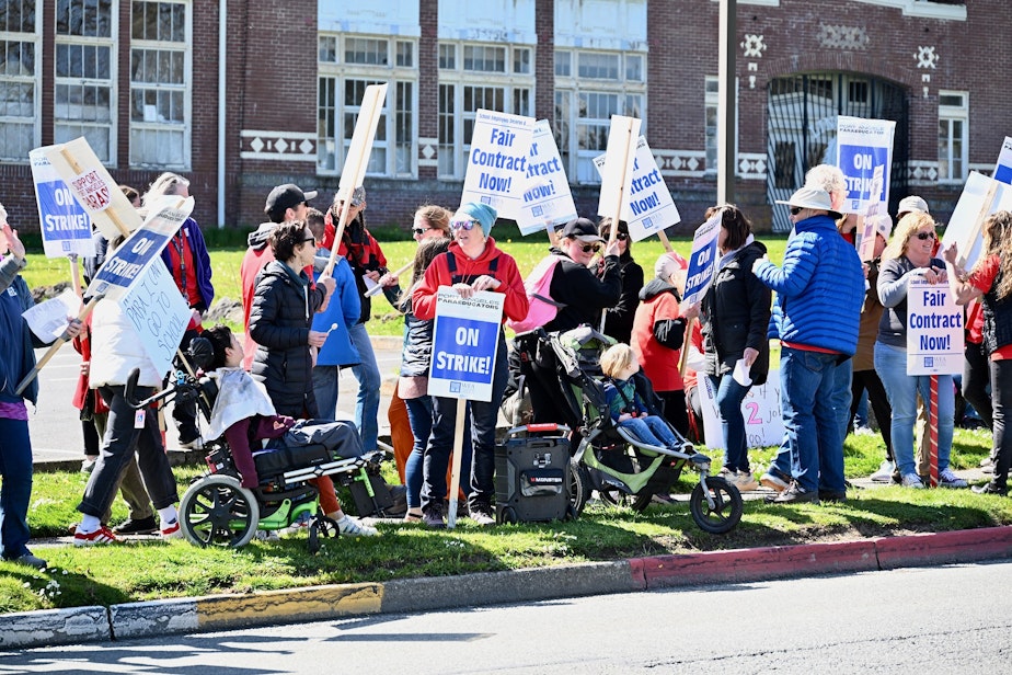 caption: Port Angeles paraeducators hit the picket lines this week to fight for a cost of living wage increase.