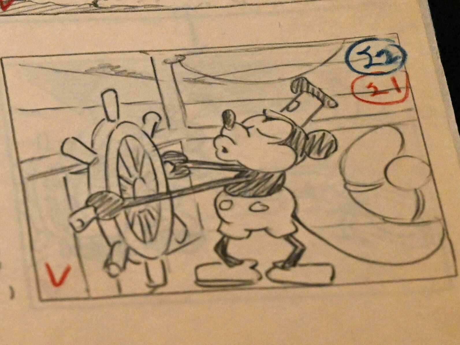 caption: The original 1928 script for Disney's <em>Steamboat Willie</em>, the first cartoon to star Mickey Mouse.
