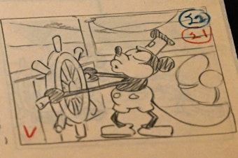 caption: The original 1928 script for Disney's <em>Steamboat Willie</em>, the first cartoon to star Mickey Mouse.