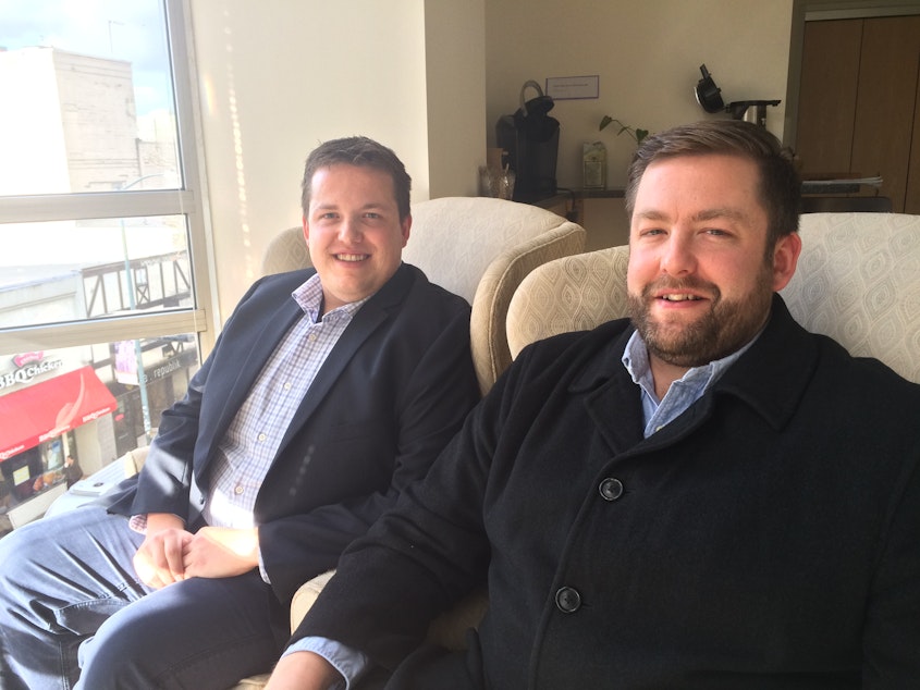 caption: Brothers Galen and Arthur Emery at KUOW.