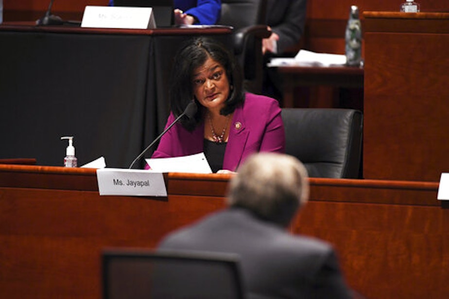 caption: Rep. Pramila Jayapal, D-Wash., questions Attorney General William Barr during a House Judiciary Committee hearing on the oversight of the Department of Justice on Capitol Hill, Tuesday, July 28, 2020 in Washington.
