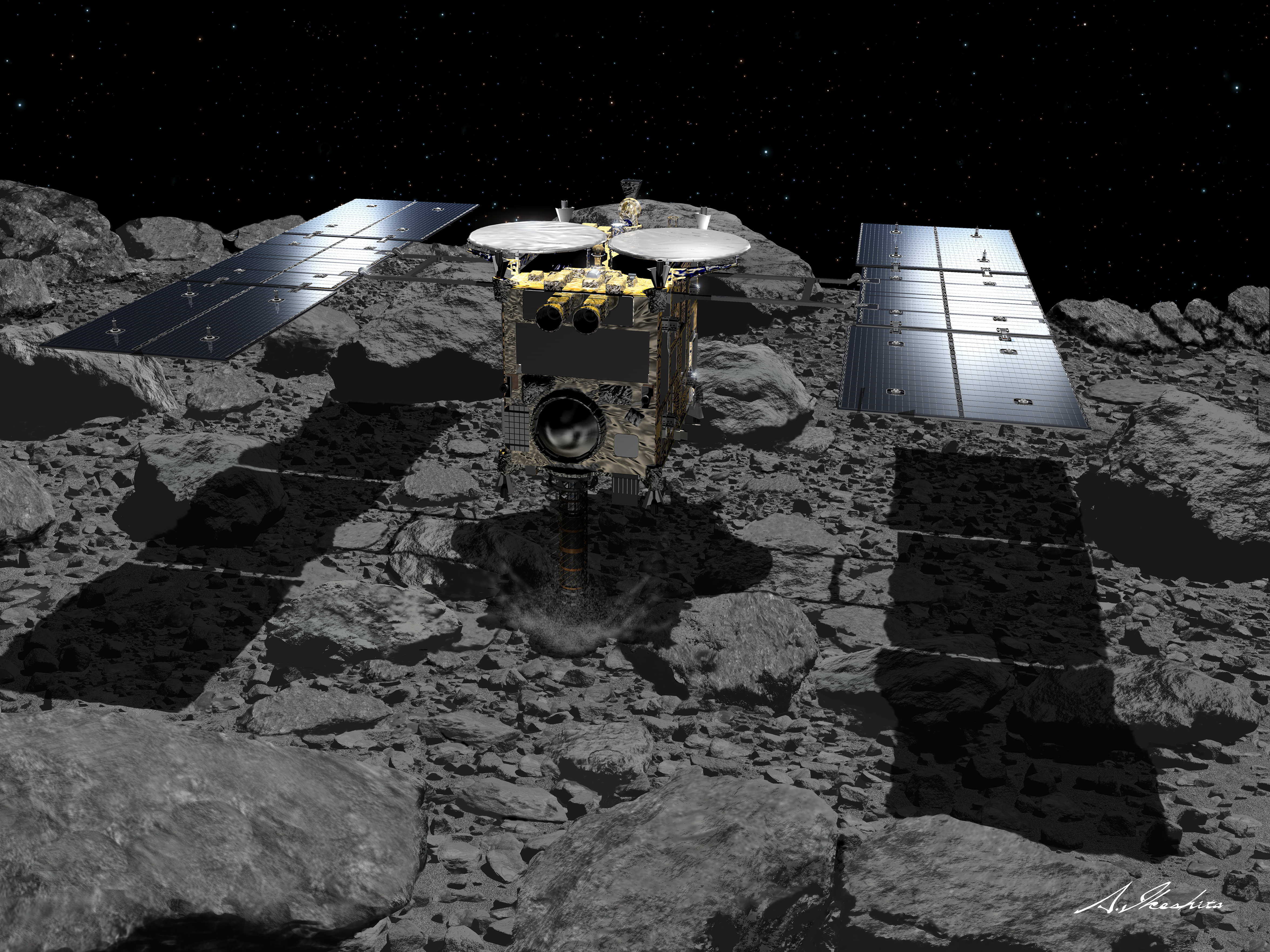 caption: Japan's Hayabusa2, seen in this illustration, has been probing the asteroid Ryugu since 2018. The spacecraft is collecting samples that will be returned to Earth.