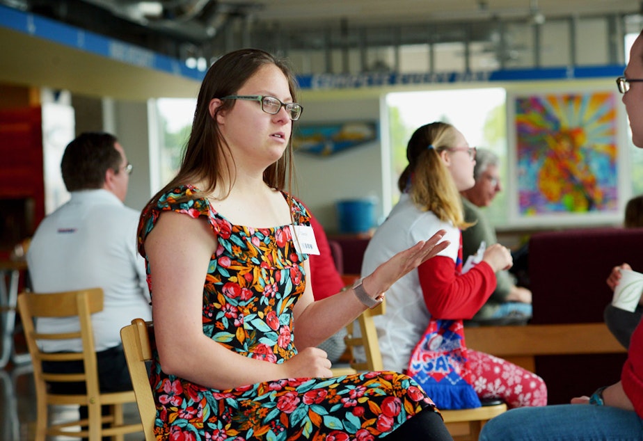 caption: Devon Adelman at KUOW's Ask a Special Olympics Athlete event on June, 9, 2018.