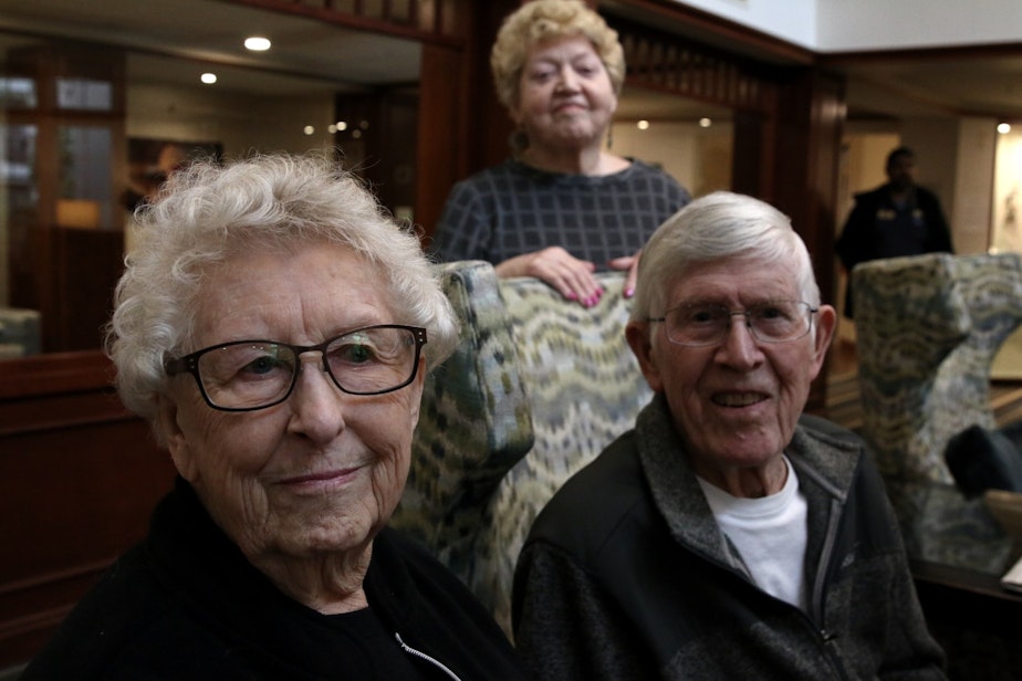 caption: The Lakeshore retirement community members: 89 year old Janie Cromwell (L), 75 year old Kathie Harris (C), and 95 year old Leonard Root (R)