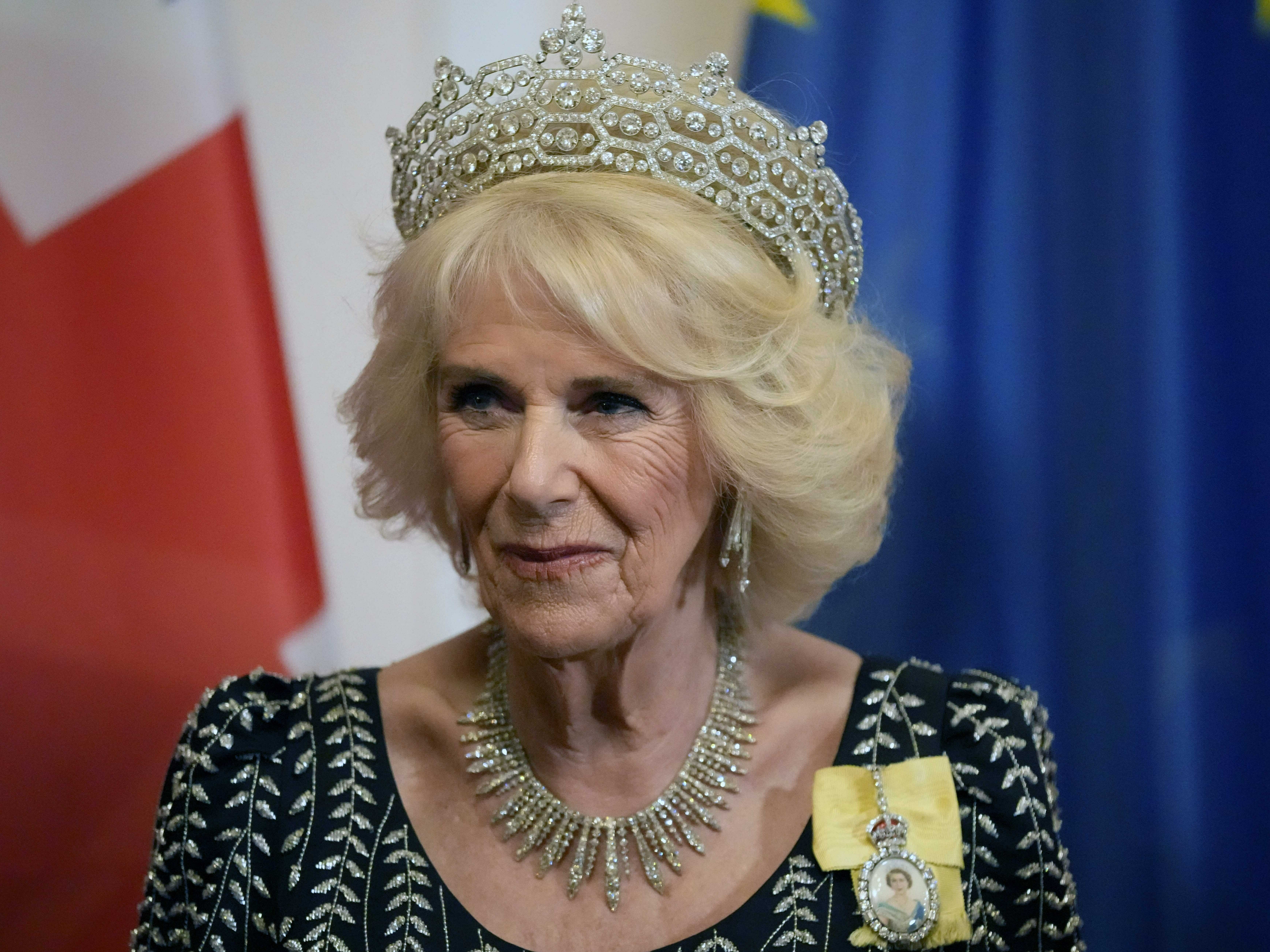 caption: Camilla, then called the queen consort, pictured at a State Banquet in Berlin on March 29.
