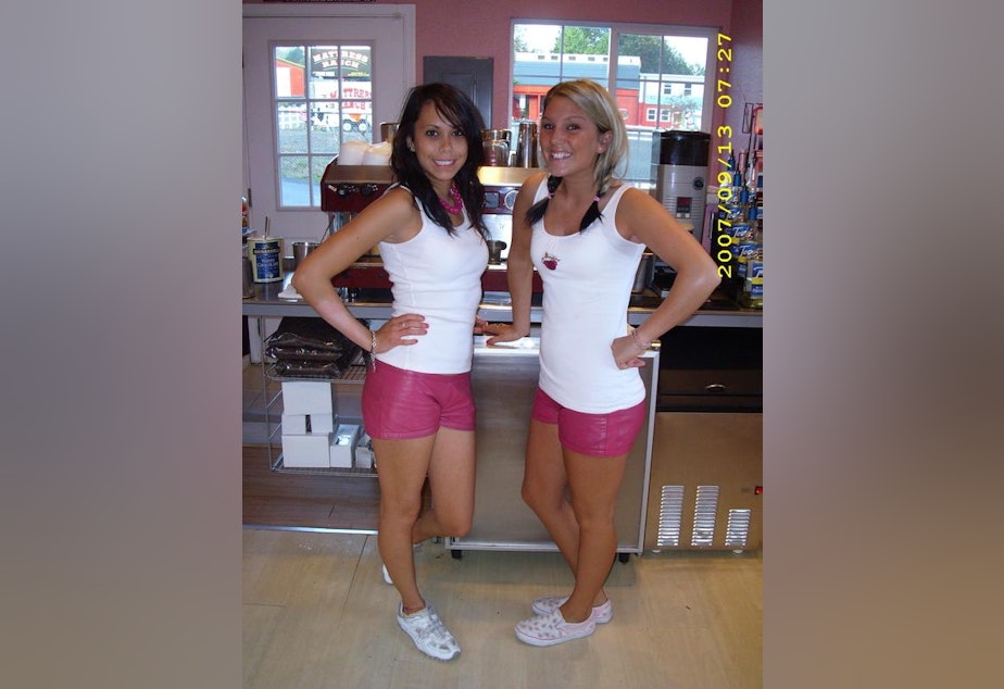 caption: Baristas at Natte Latte, where women wore white tank tops and pink bun shorts, reminiscent of the Hooters restaurant uniform. The coffee stand never ventured into bikini barista territory.