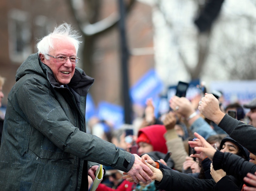 caption: Sen. Bernie Sanders arrives for a rally to kick off his 2020 presidential campaign in the Brooklyn, New York Saturday.