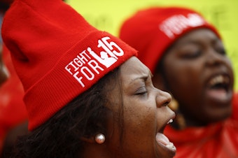 caption: Demonstrators call for a union and $15 minimum wage at a McDonald's in Charleston, S.C. in February 2020. The U.S. Senate has voted to prohibit an increase in the federal minimum wage during the pandemic.