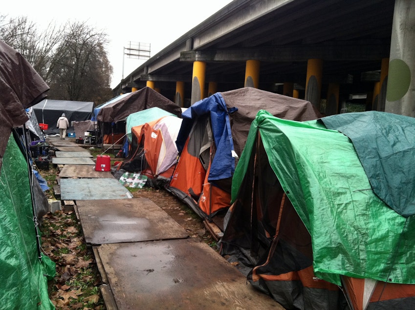 caption: Tent City 3, under I-5 in Seattle's Ravenna neighborhood.