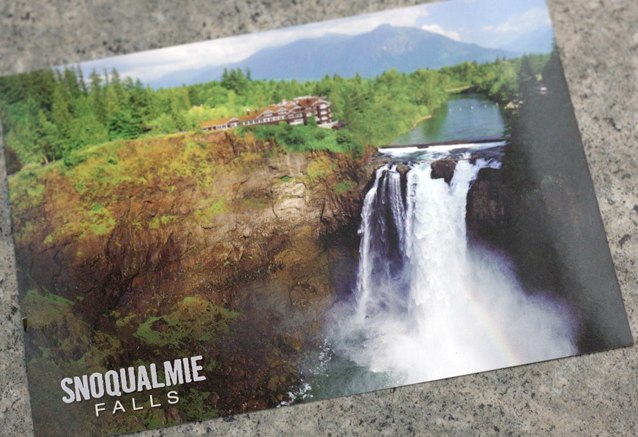 A postcard of Snoqualmie Falls, from the nearby gift shop