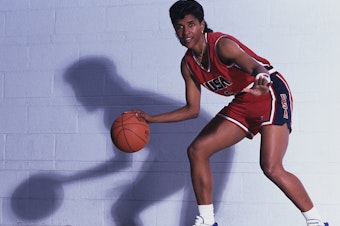 caption: Lynette Woodard, pictured circa 1990, scored 3,649 points for the University of Kansas and went on to play professionally and for Team USA.