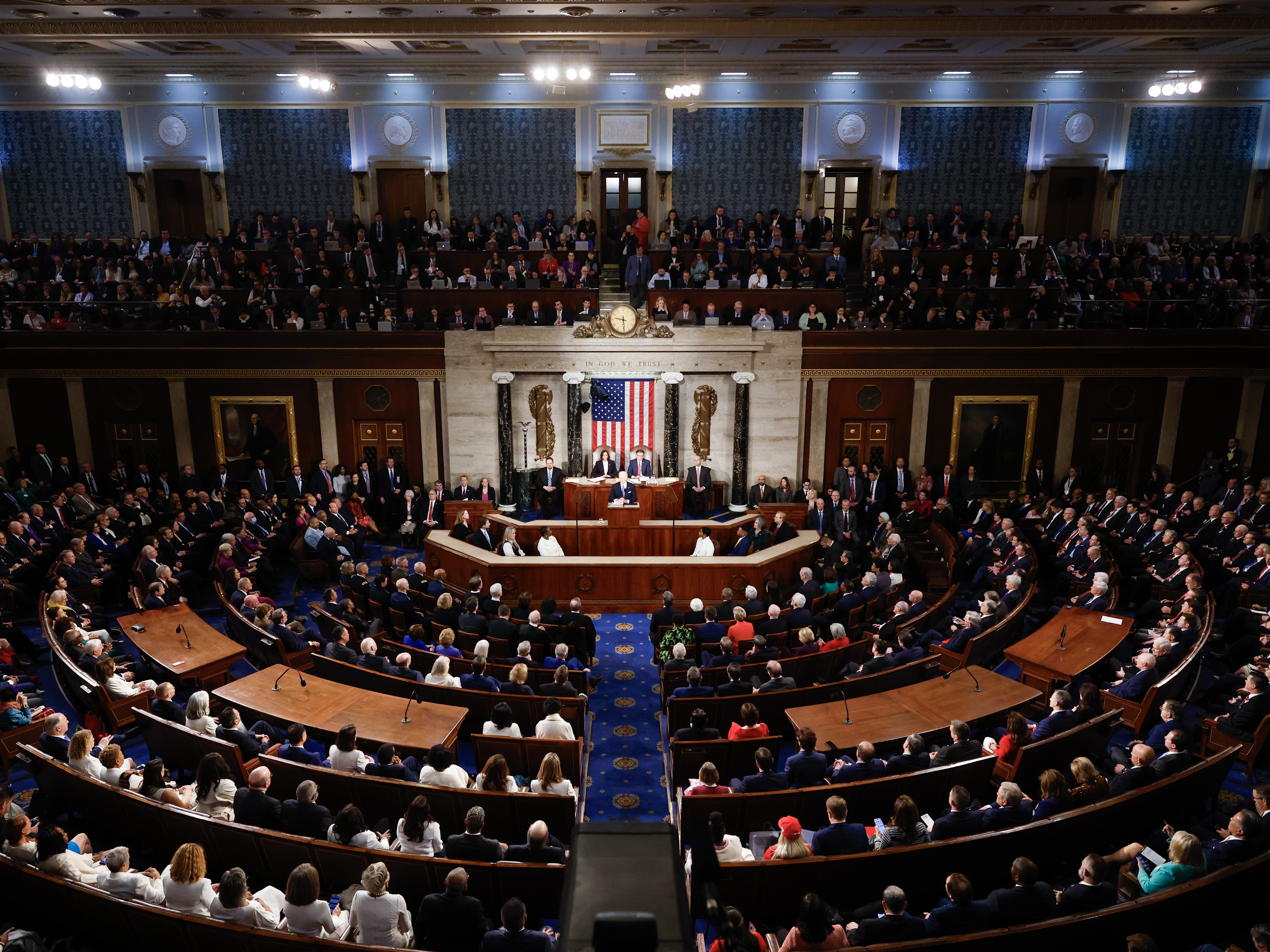 caption: President Joe Biden delivers the State of the Union address during a joint meeting of Congress in the House chamber at the U.S. Capitol on March 7.