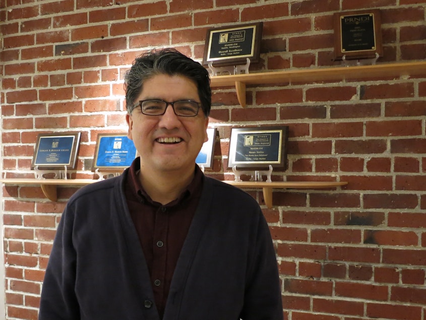 caption: Poet and novelist Sherman Alexie in the KUOW studios.