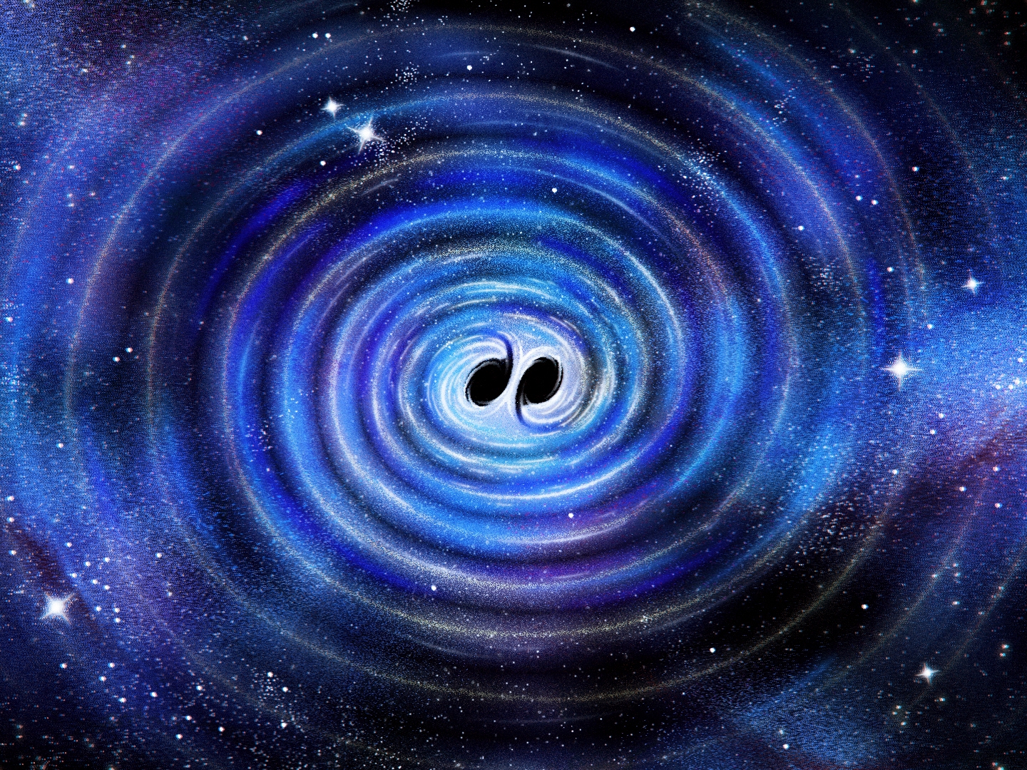 caption: When two black holes merge, they release gravitational waves. These waves can be picked up by detectors on Earth, allowing scientists to better understand them.