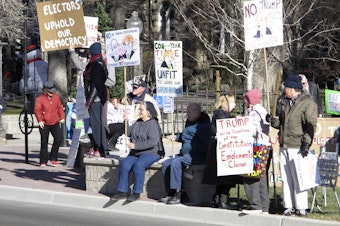 caption: Protesters demonstrate against then President-elect Donald Trump outside the State Capitol building in Carson City, Nev. in Dec. 2016 while Nevada's six Democratic presidential electors inside cast their official Electoral College ballots for Hillary Clinton.