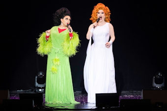 caption: BenDeLaCreme and Jinkx Monsoon perform together at the The Moore Theatre