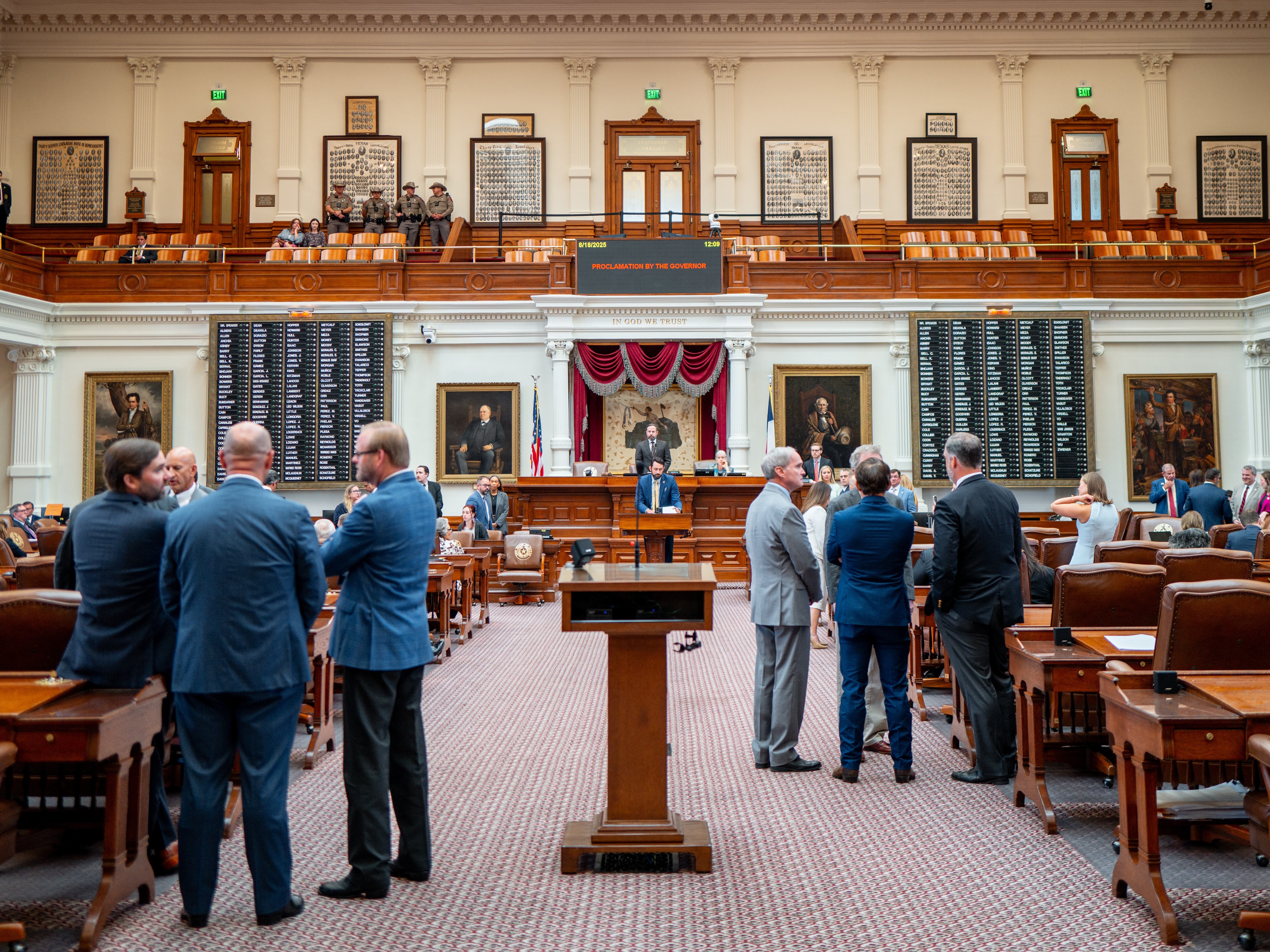 caption: Lawmakers convene during a House meeting on August 18, 2025, in Austin, Texas. Texas Democratic lawmakers returned to the state Capitol after a two-week standoff with Republicans over their newly introduced plan to redraw Texas' congressional maps during a first special legislative session, ahead of the 2026 midterm elections.
