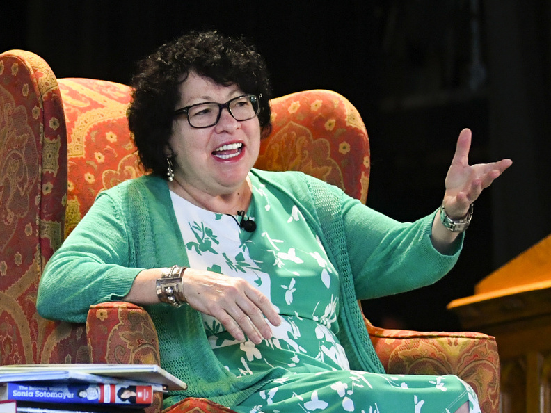 caption: Supreme Court Justice Sonia Sotomayor addresses attendees of an event in 2019 promoting her new children's book in Decatur, Ga.
