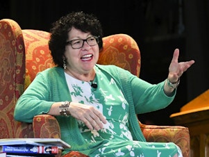 caption: Supreme Court Justice Sonia Sotomayor addresses attendees of an event in 2019 promoting her new children's book in Decatur, Ga.
